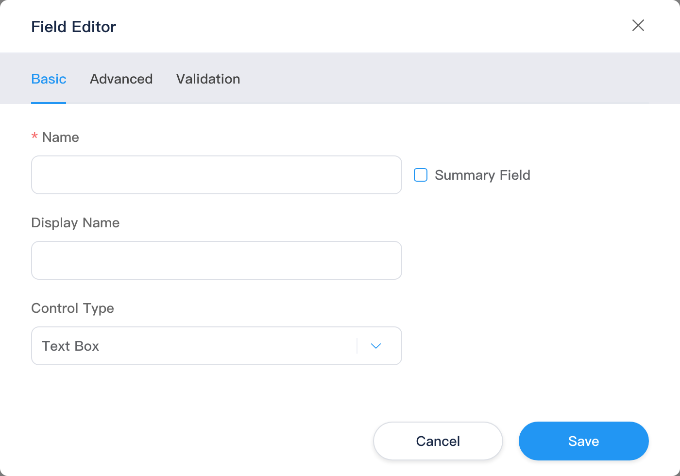 Custom field dialog: basic, advanced, validation tabs