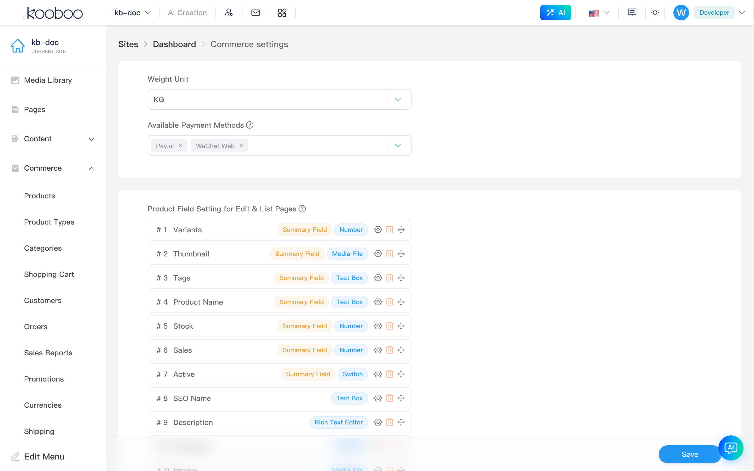 Commerce settings: basic, custom fields, display toggles