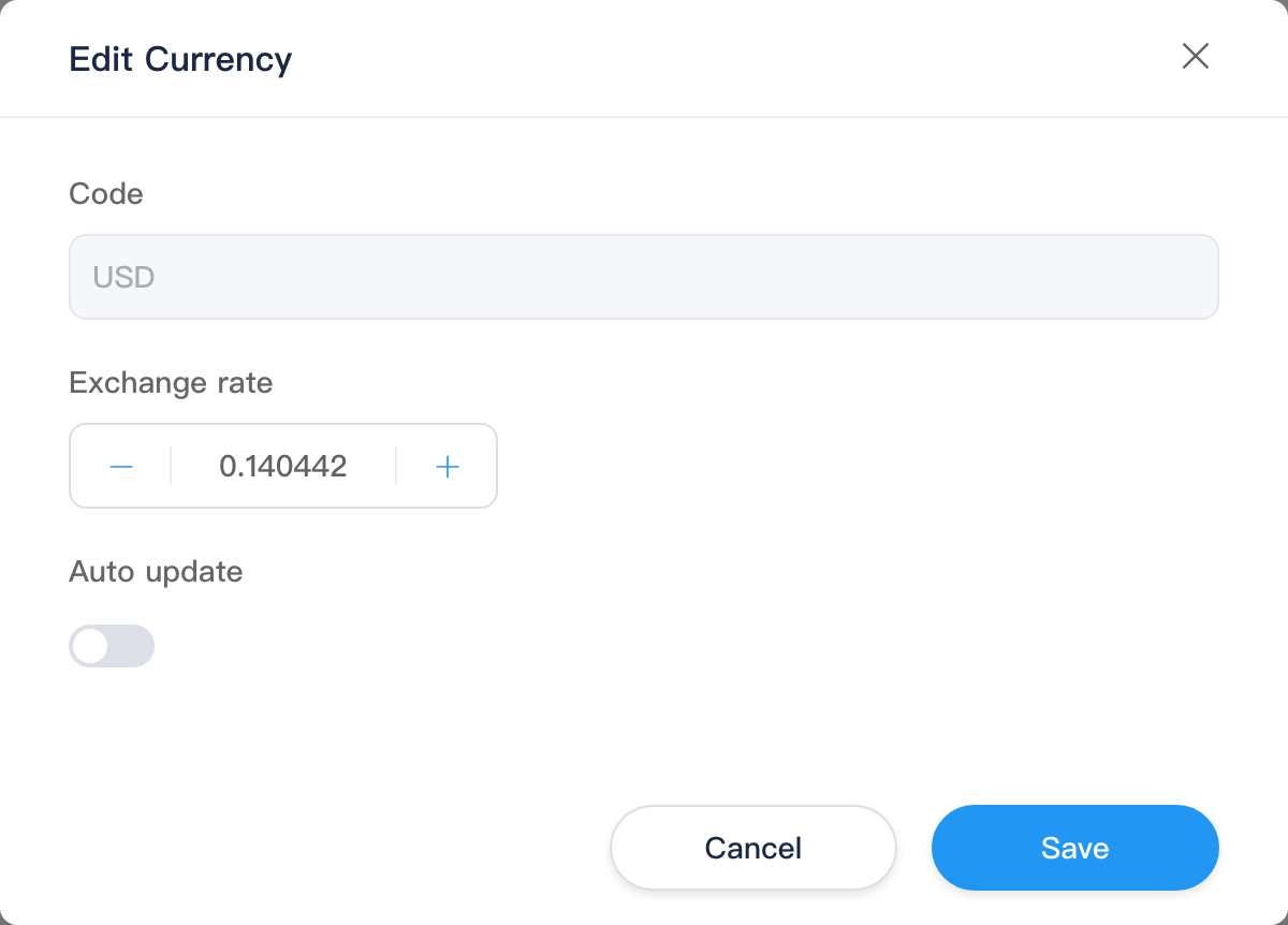 Edit currency dialog: code, rate and auto update