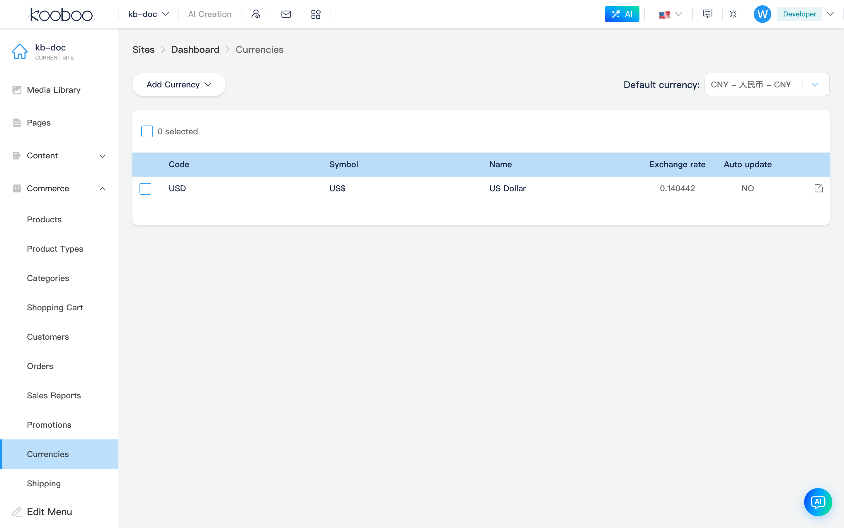 Currency list: add currency, default dropdown and rate table