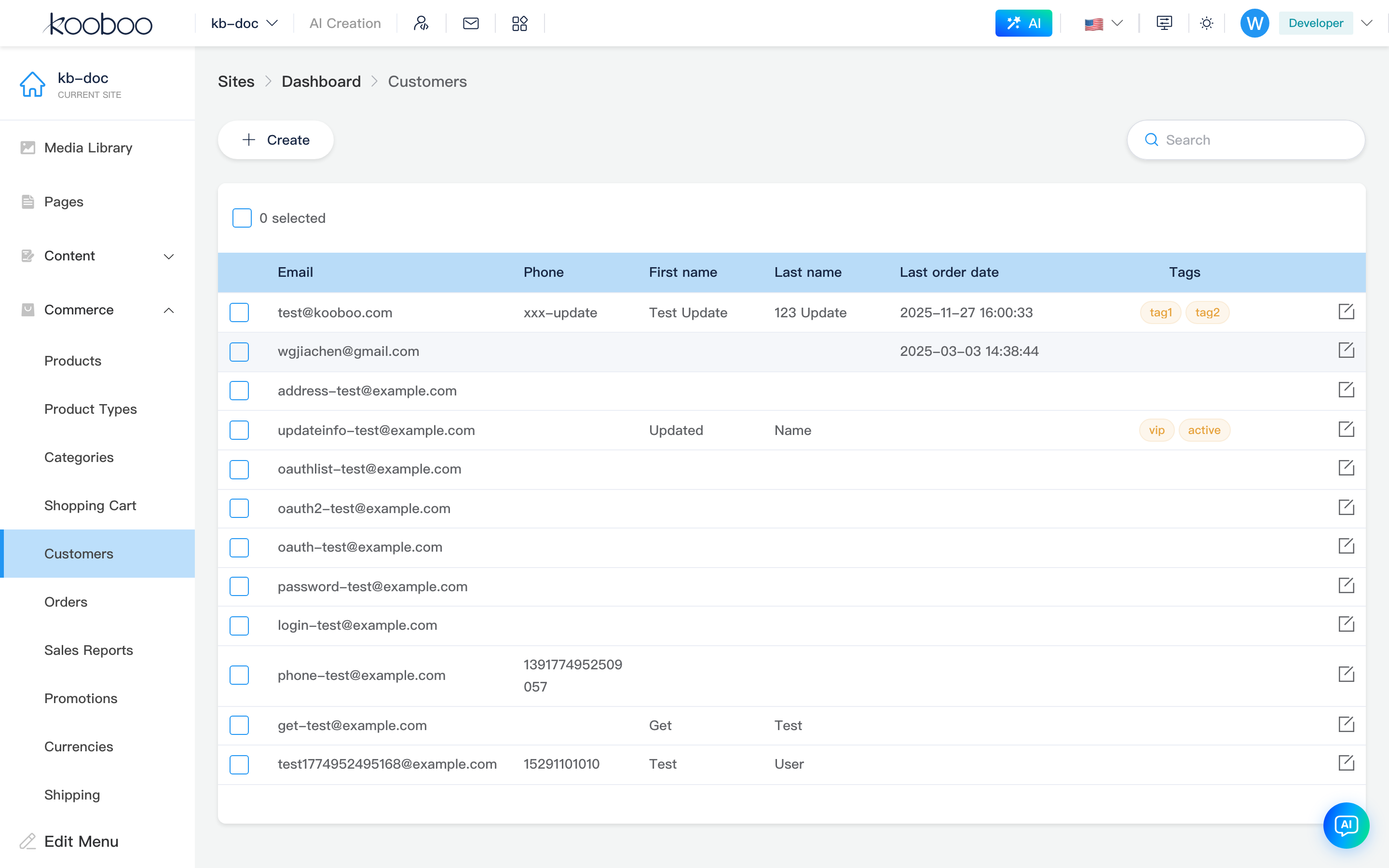 Customers list: search, email phone name and pagination