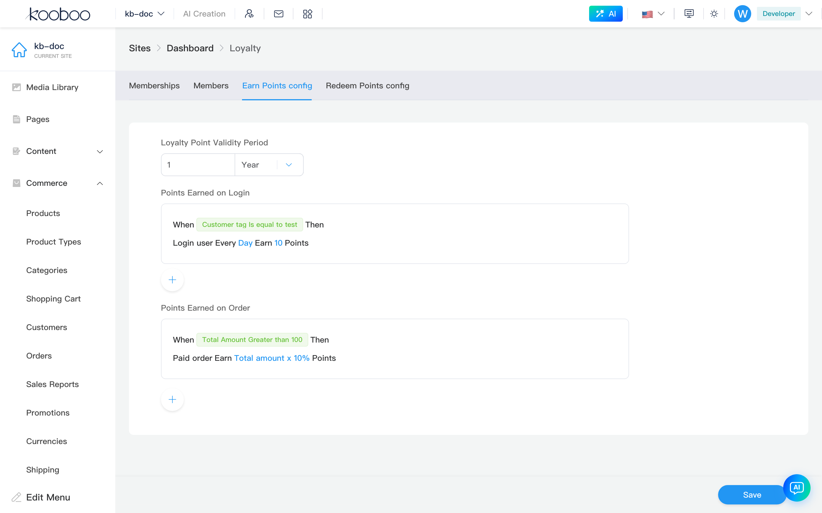 Earn points: validity, login and order rules