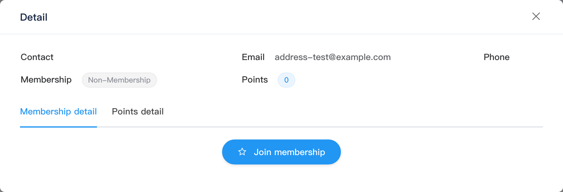 Member details dialog: summary, membership details and points history