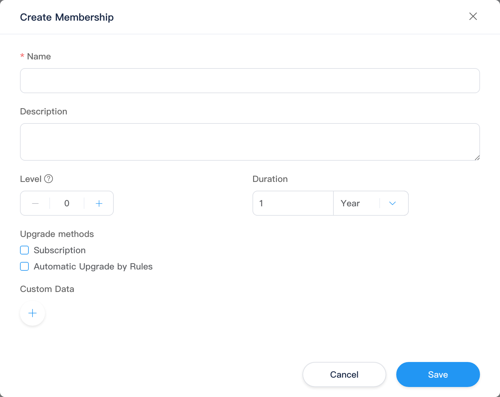 Create membership tier dialog: name, upgrade method and conditions