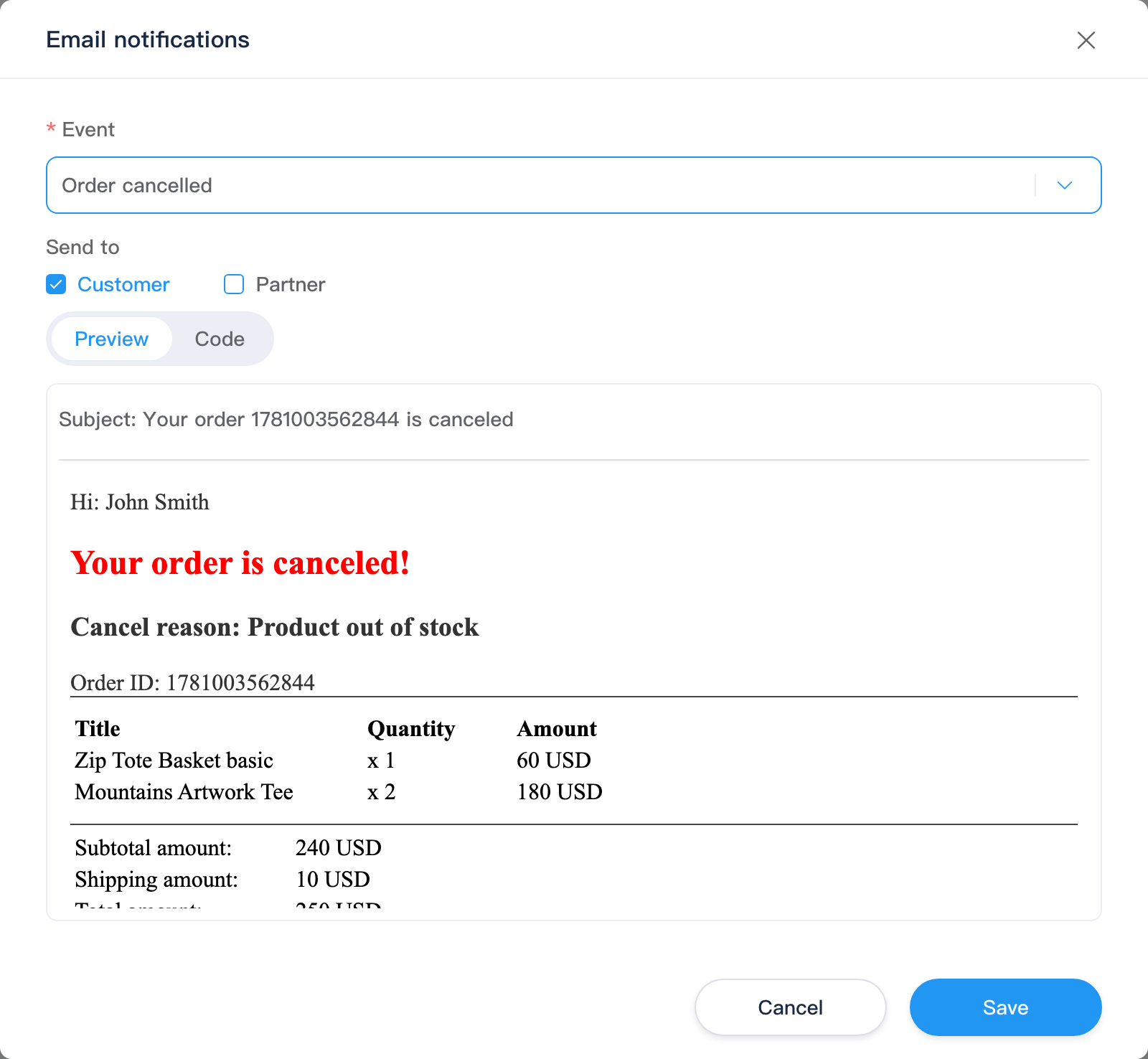 Email notification dialog: event, recipients and template preview/code