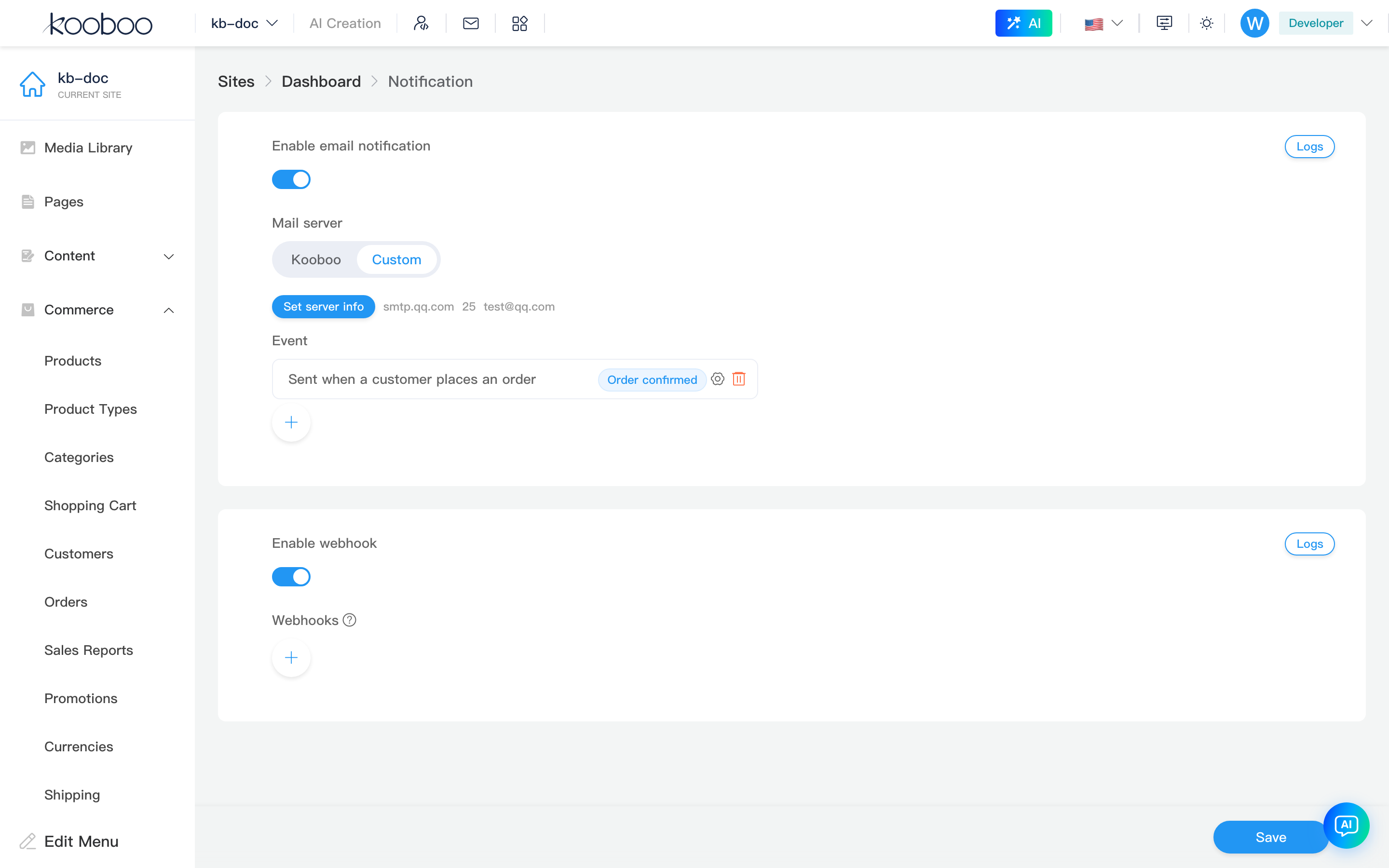 Commerce notification: email and webhook configuration areas