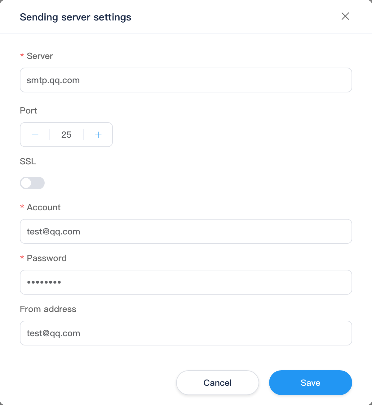 SMTP settings: server, port, SSL, account and sender