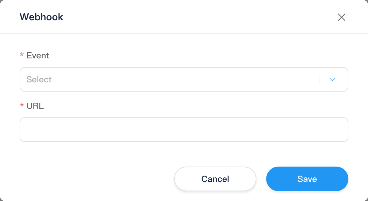 Webhook dialog: event and URL