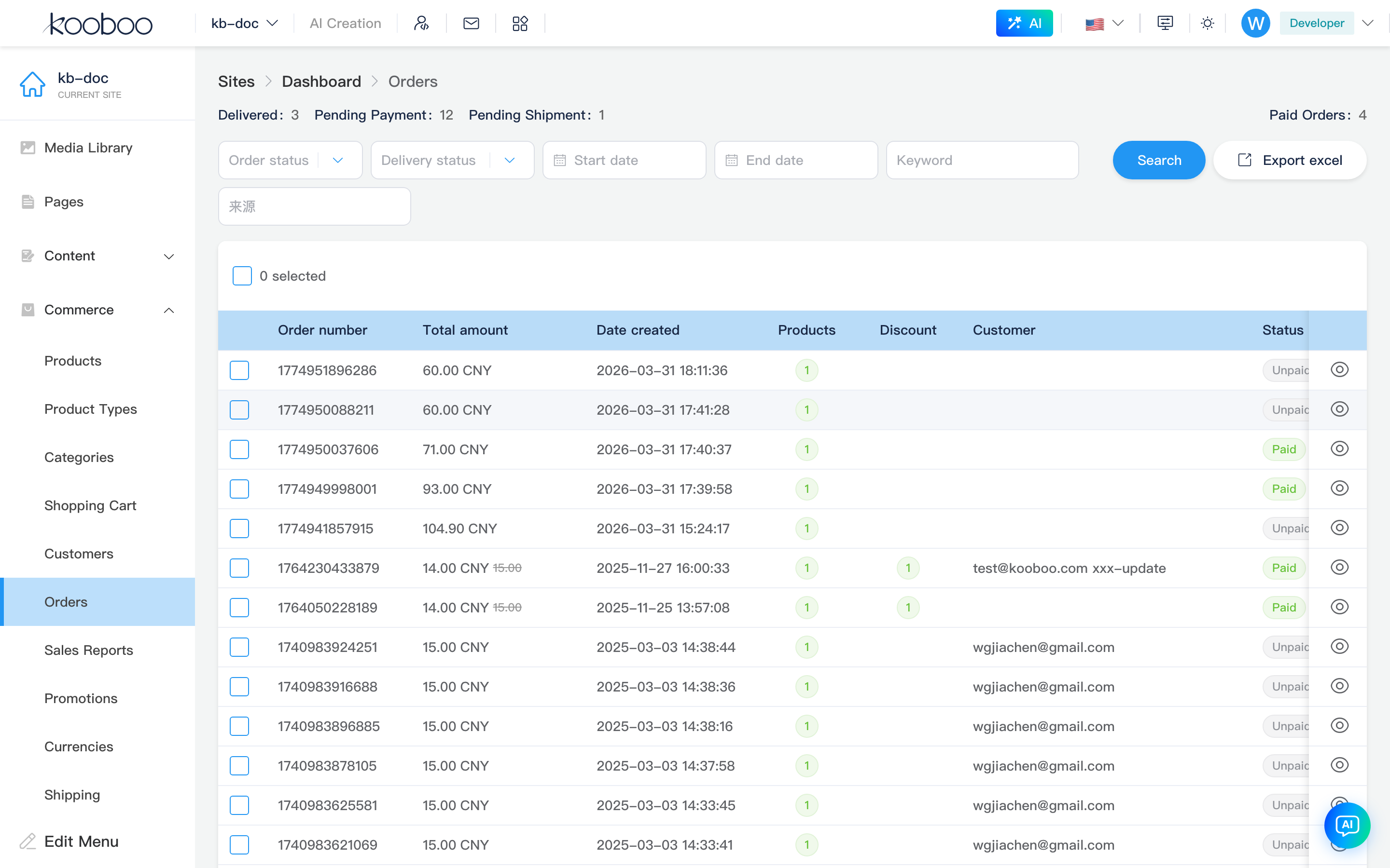 Orders list: stats, filters, table and export