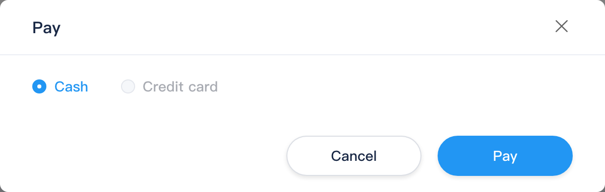Order payment dialog: Cash payment method