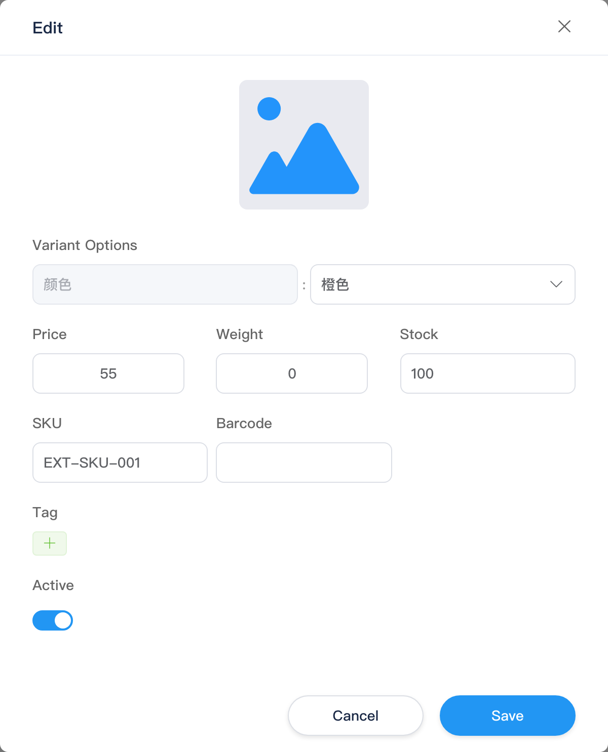 Edit variant dialog: large image, dimension values, price weight stock SKU etc.