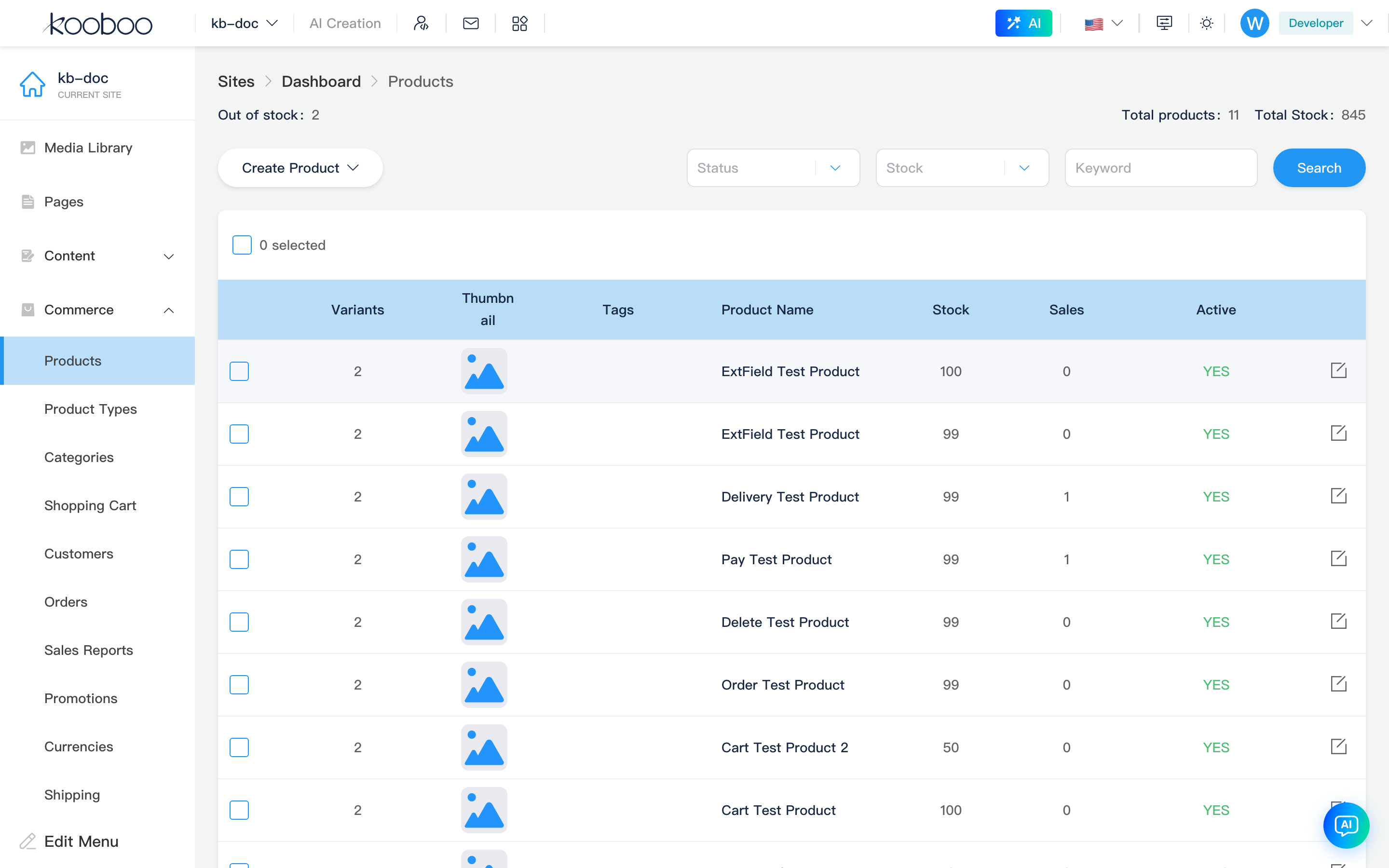 Product management list: stats, filters, table and create product dropdown