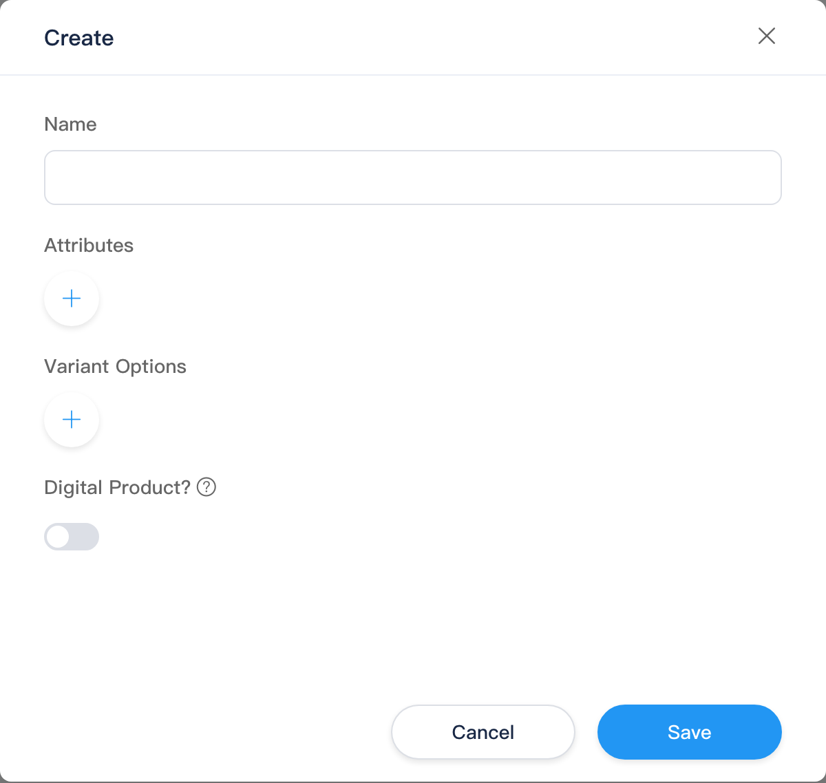 Create product type: name, attributes, variant options, digital product