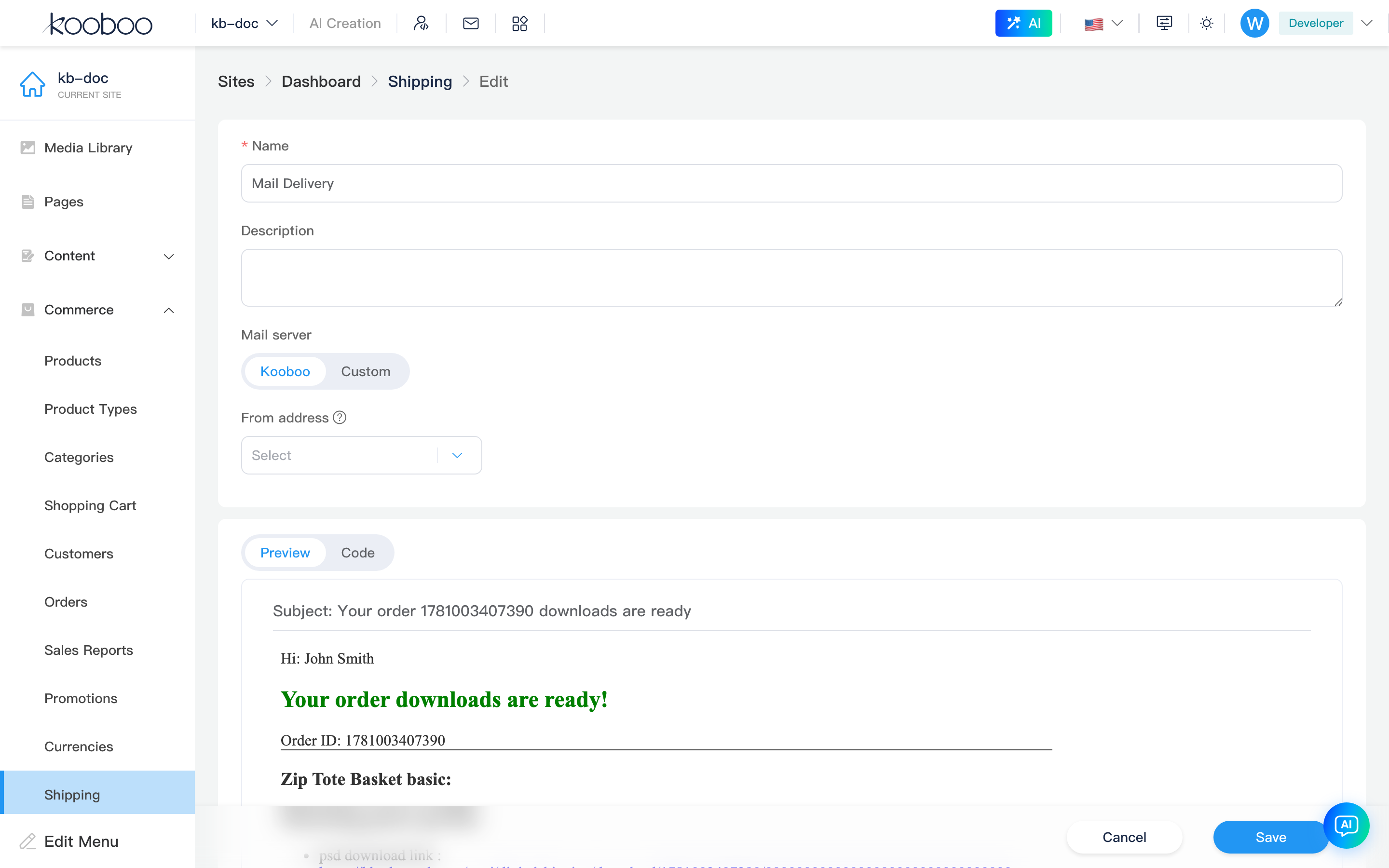 Digital shipping edit: mail server and email template