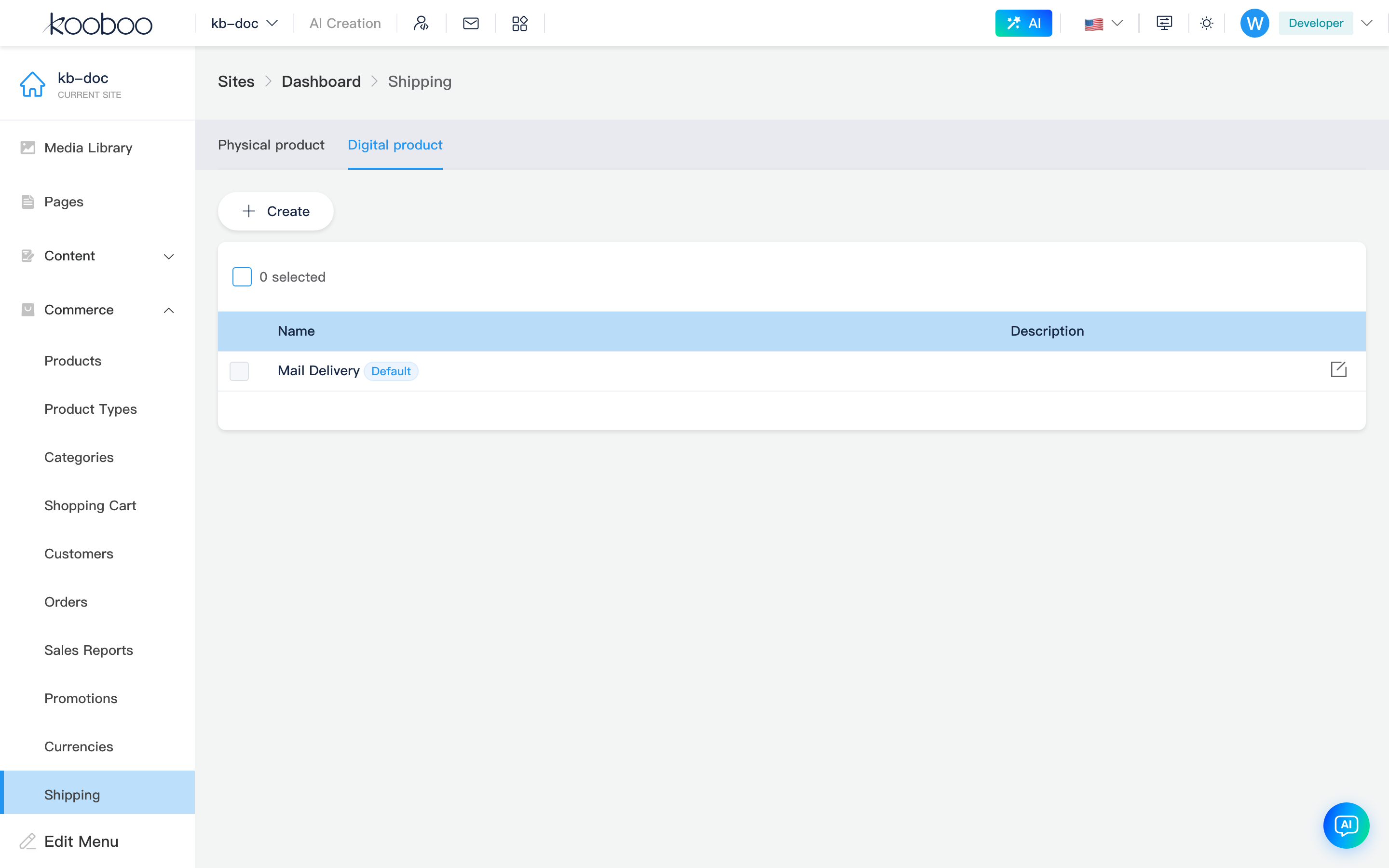 Shipping: digital product list and default Mail Delivery