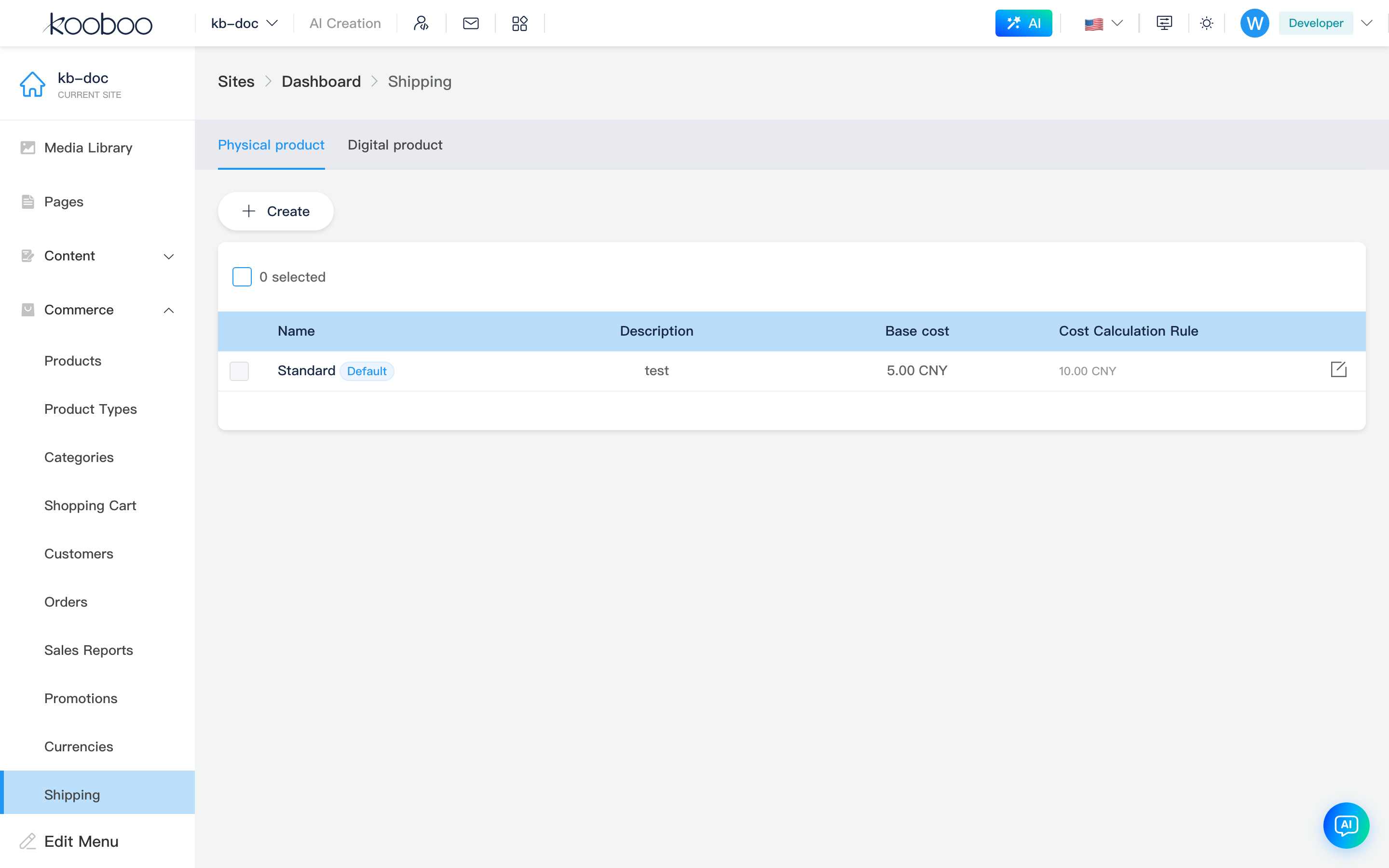Shipping: physical product list, default tag and base cost