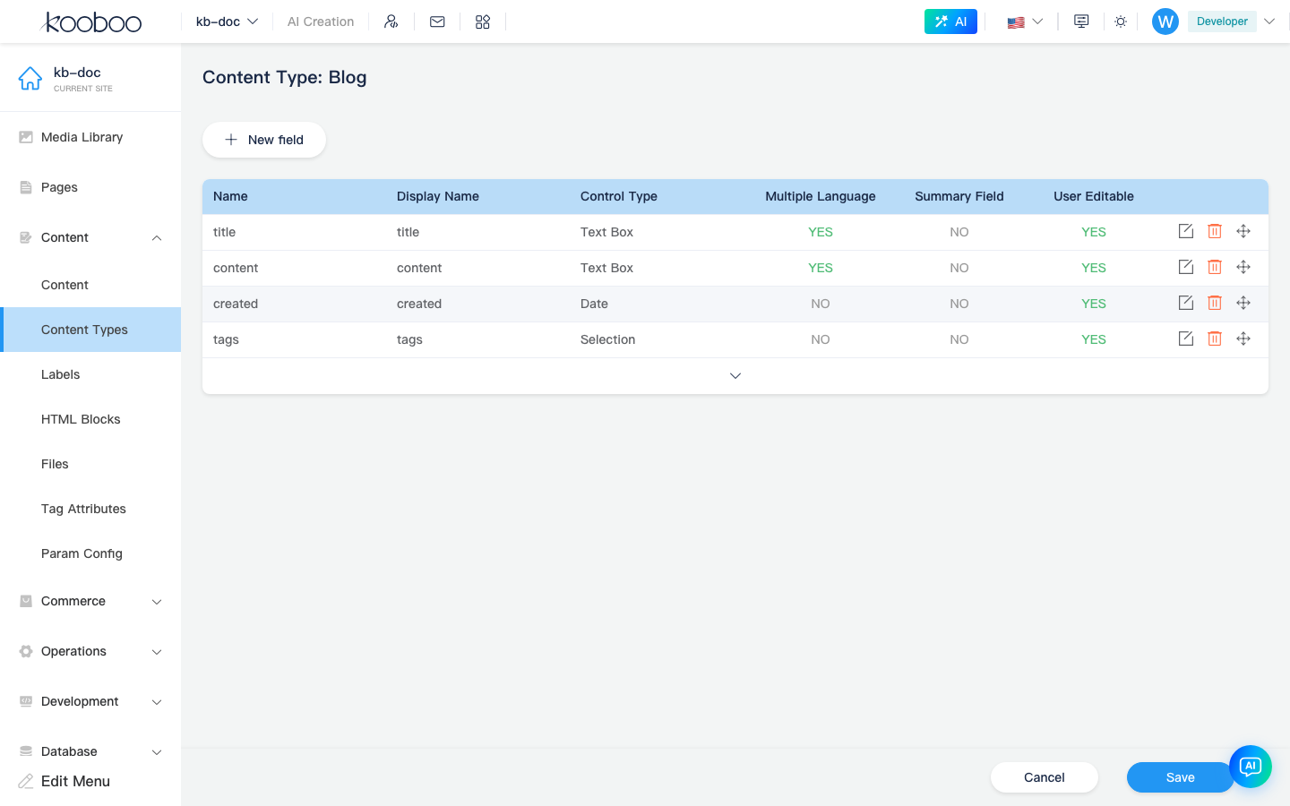 Content type: field list and new field