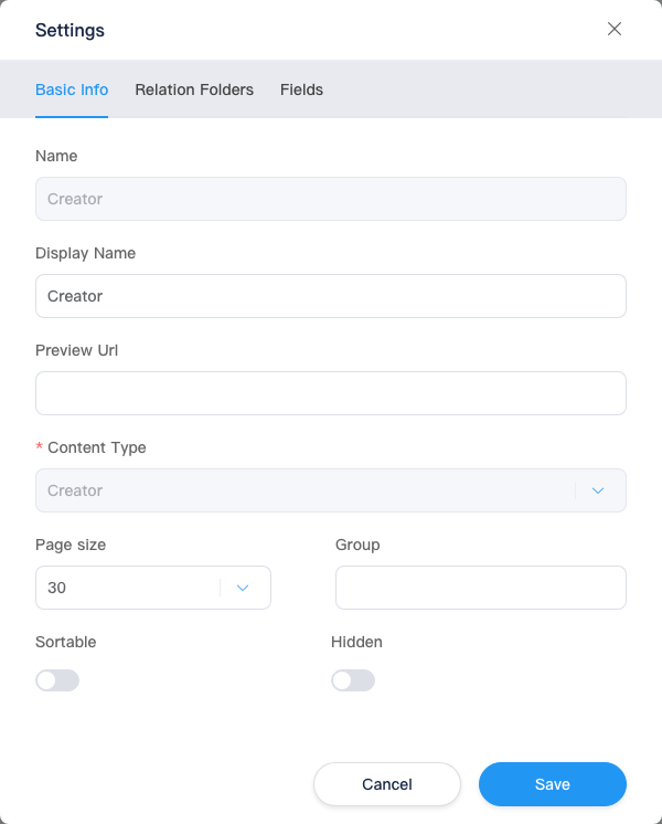 Content folder settings: Basic tab