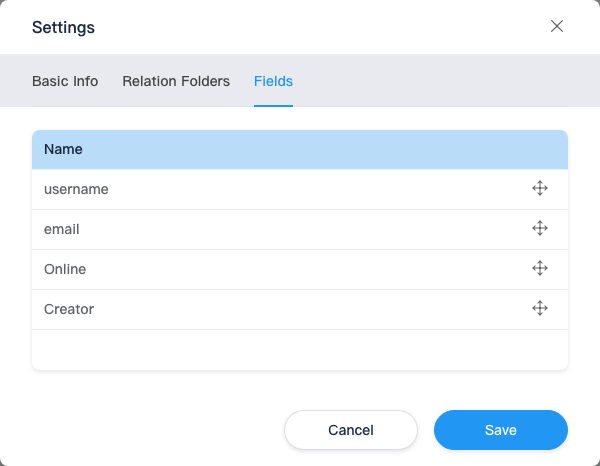 Content folder settings: Fields tab (display order)