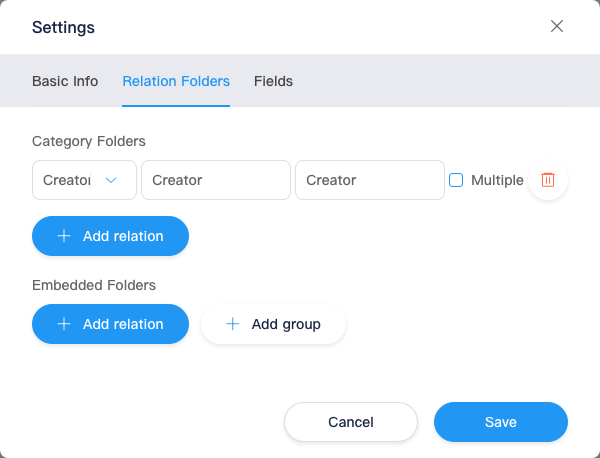 Content folder settings: Related data tab