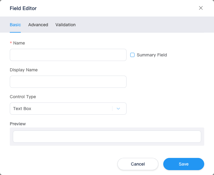 Field editor: Basic tab (text box)
