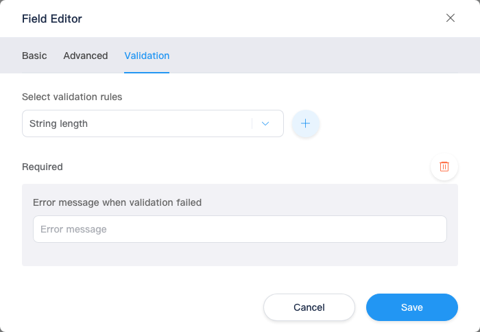 Field editor: Validation tab and failure messages
