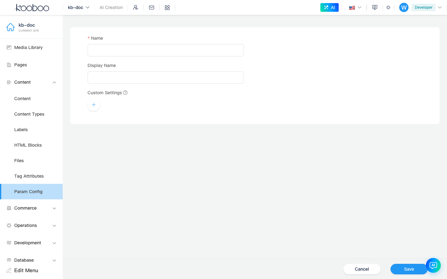 Create parameter config: name and Schema