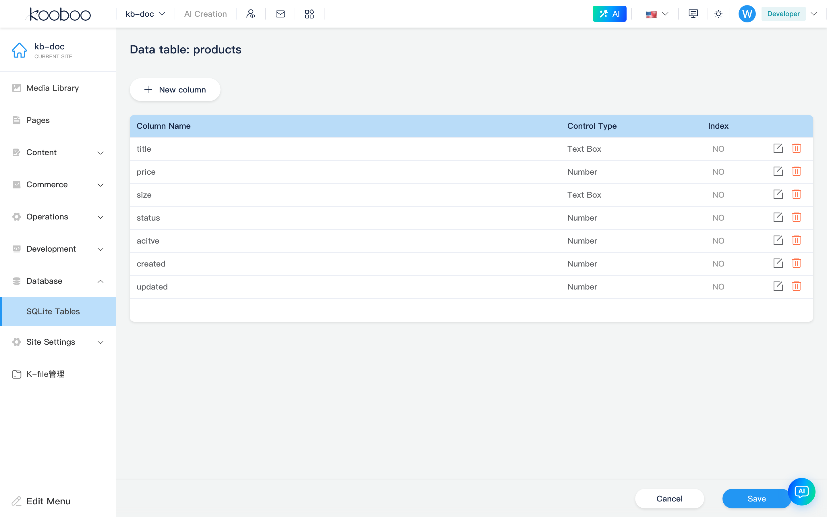 SQLite column settings