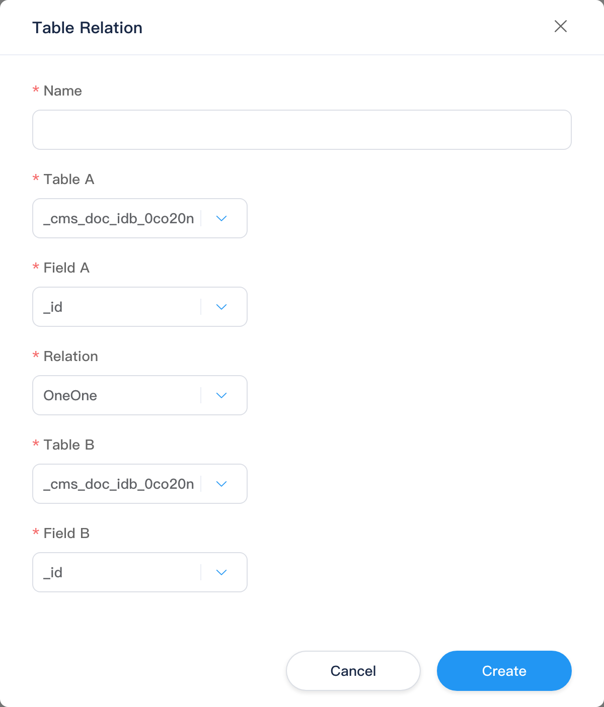 New table relation dialog