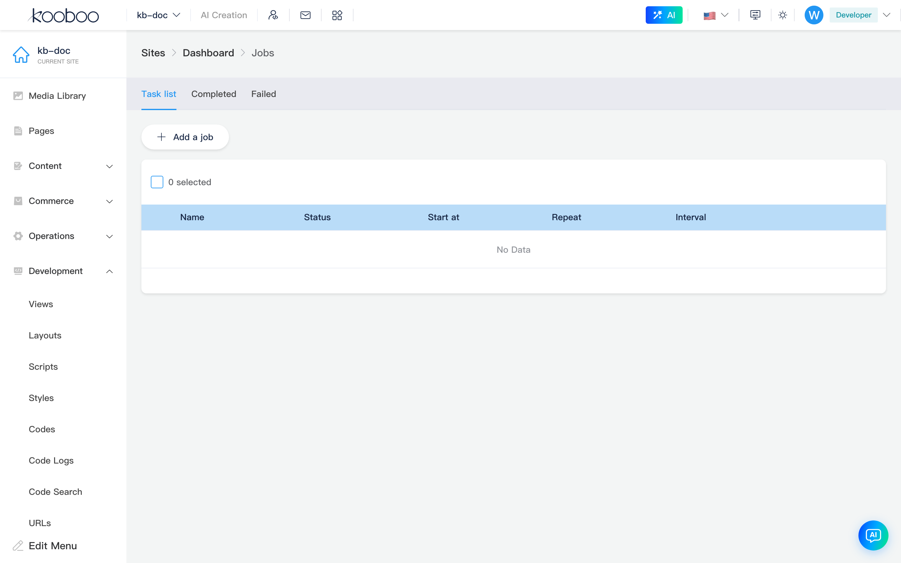 Jobs page: tabs and task list