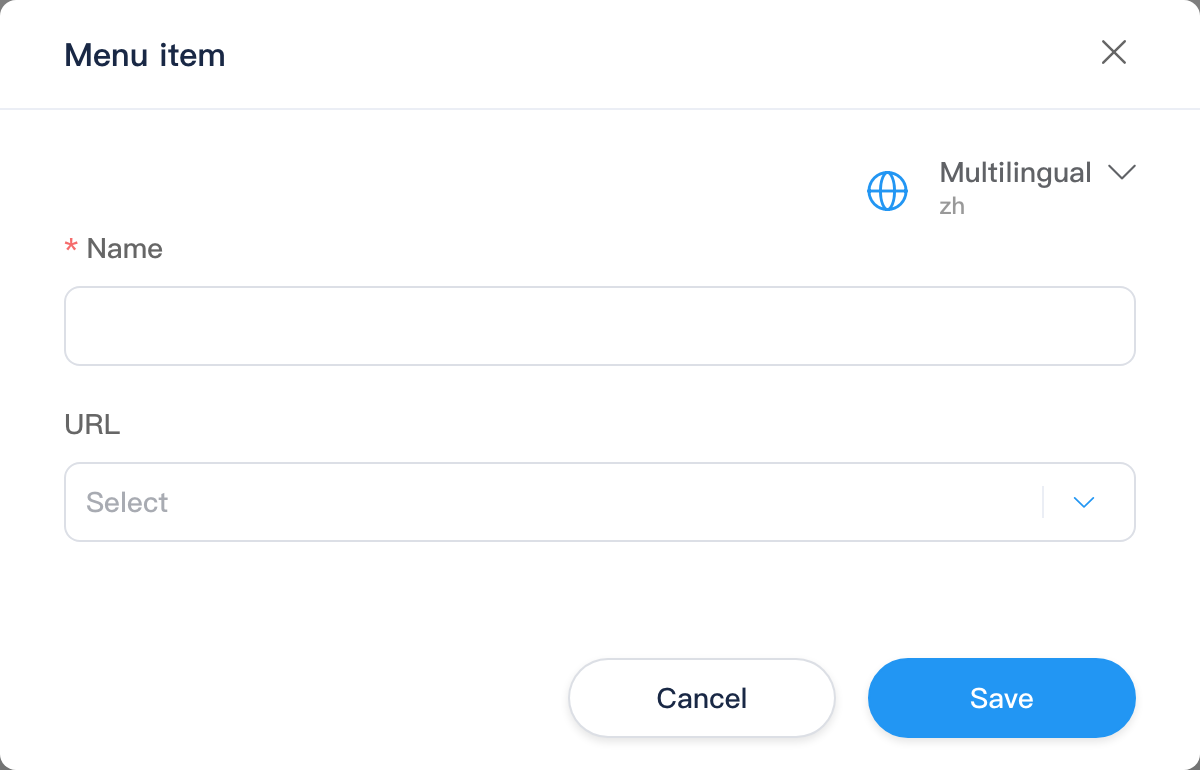Menu item dialog: name and URL