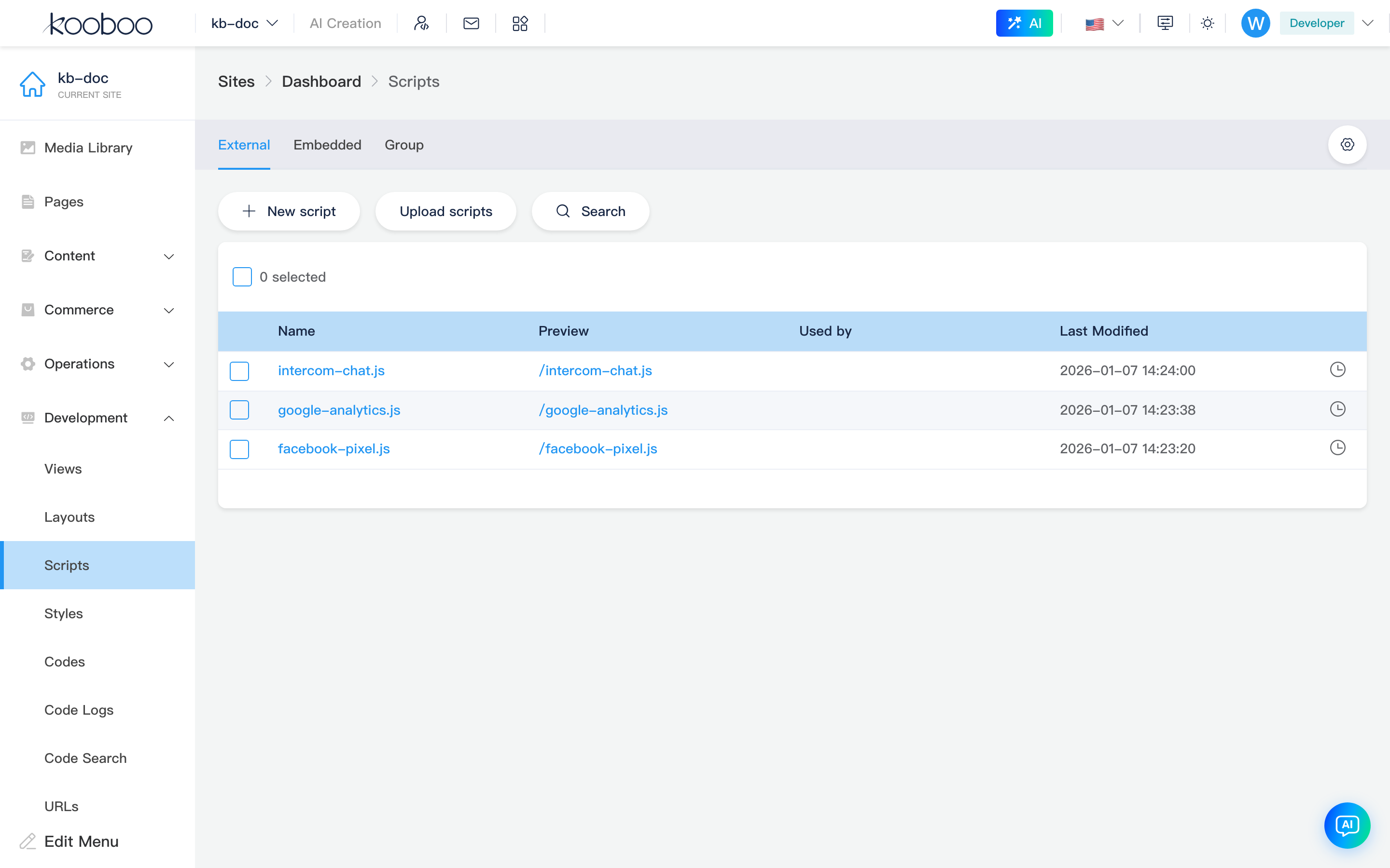 Scripts page: external tab overview