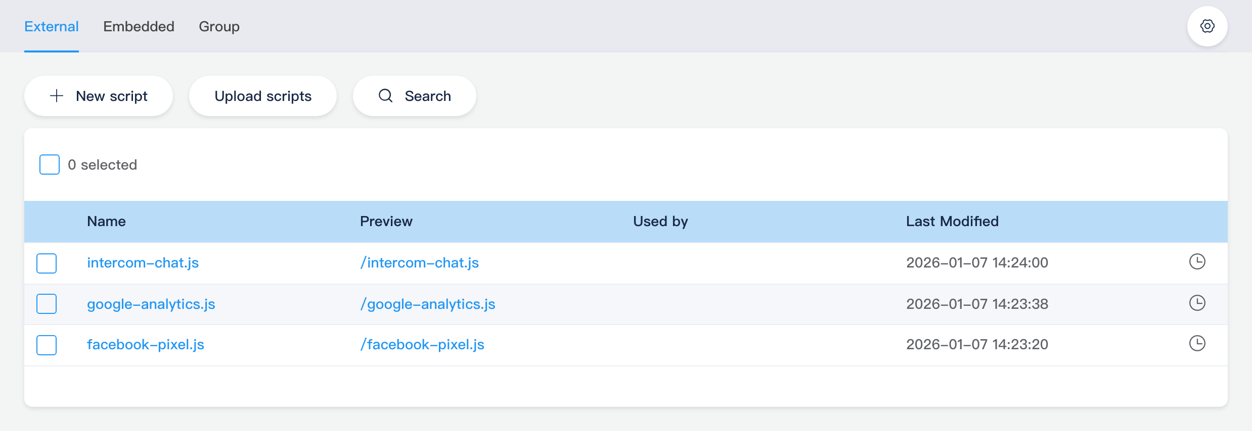 Script tabs: external, embedded, group, settings