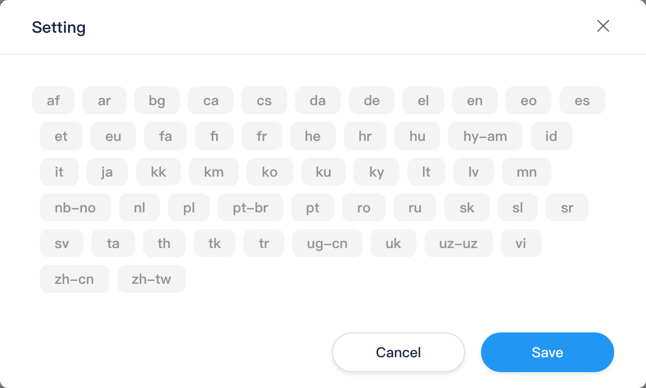 Language settings dialog