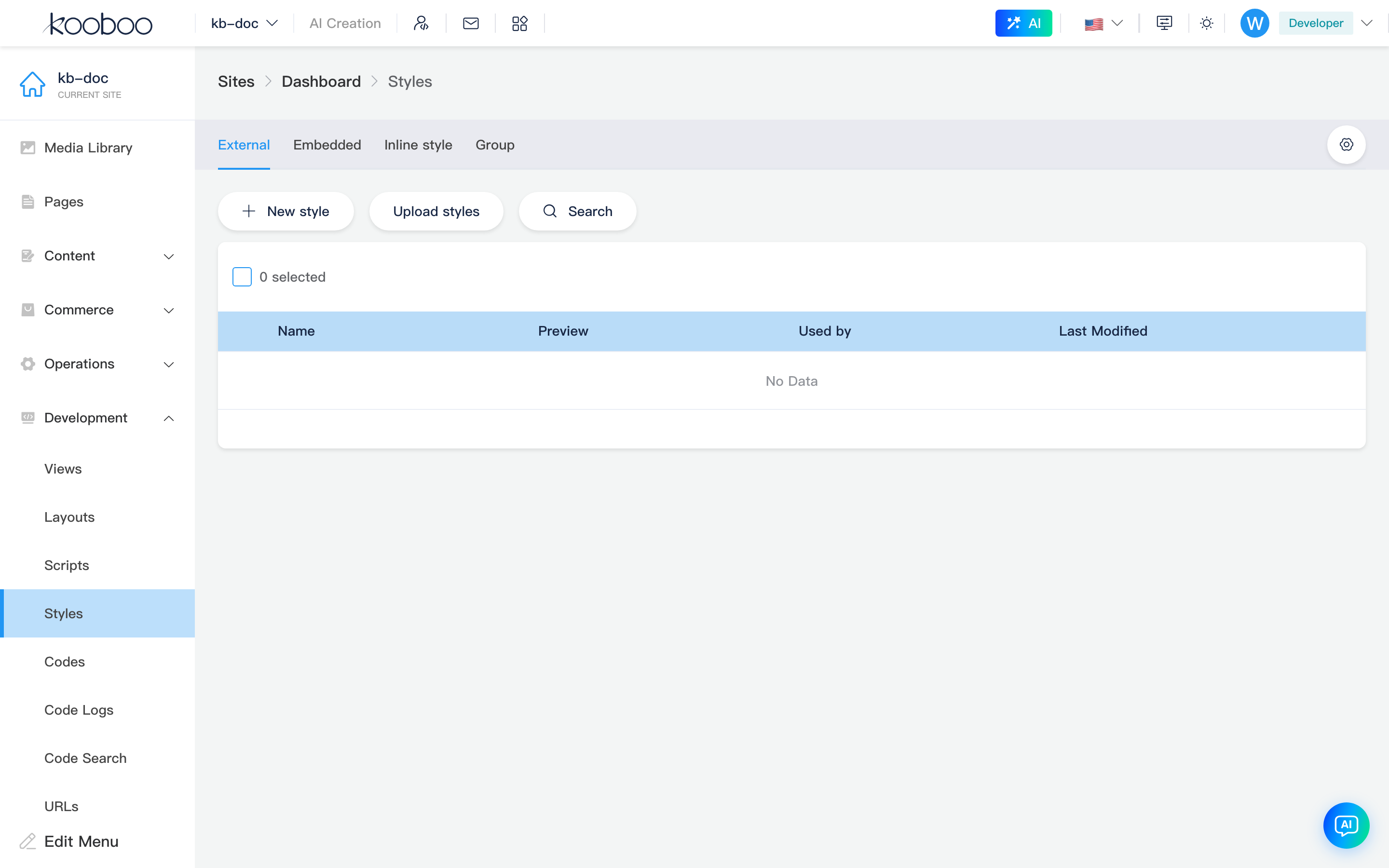 Styles page: external tab overview
