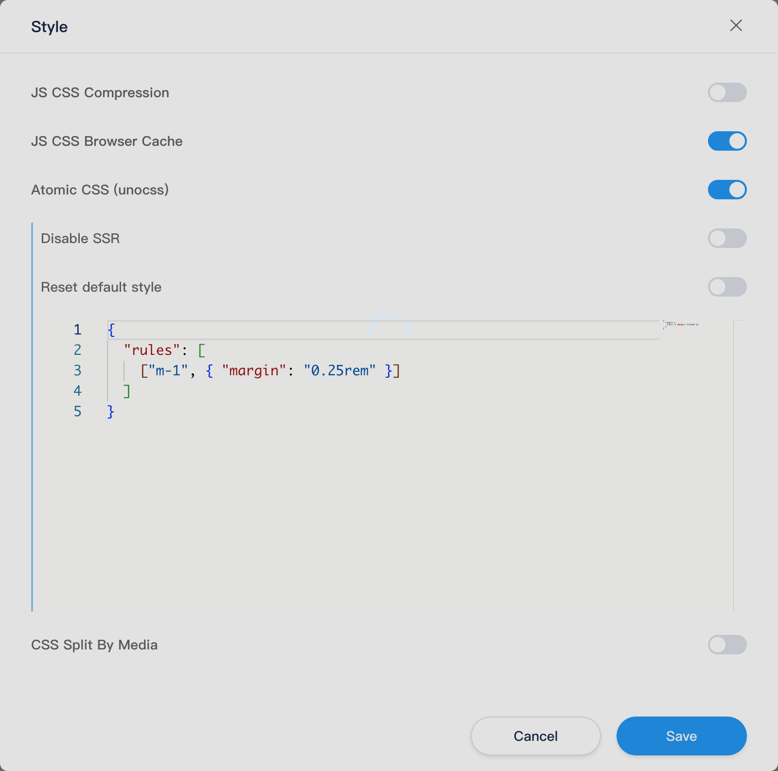 Style site settings dialog