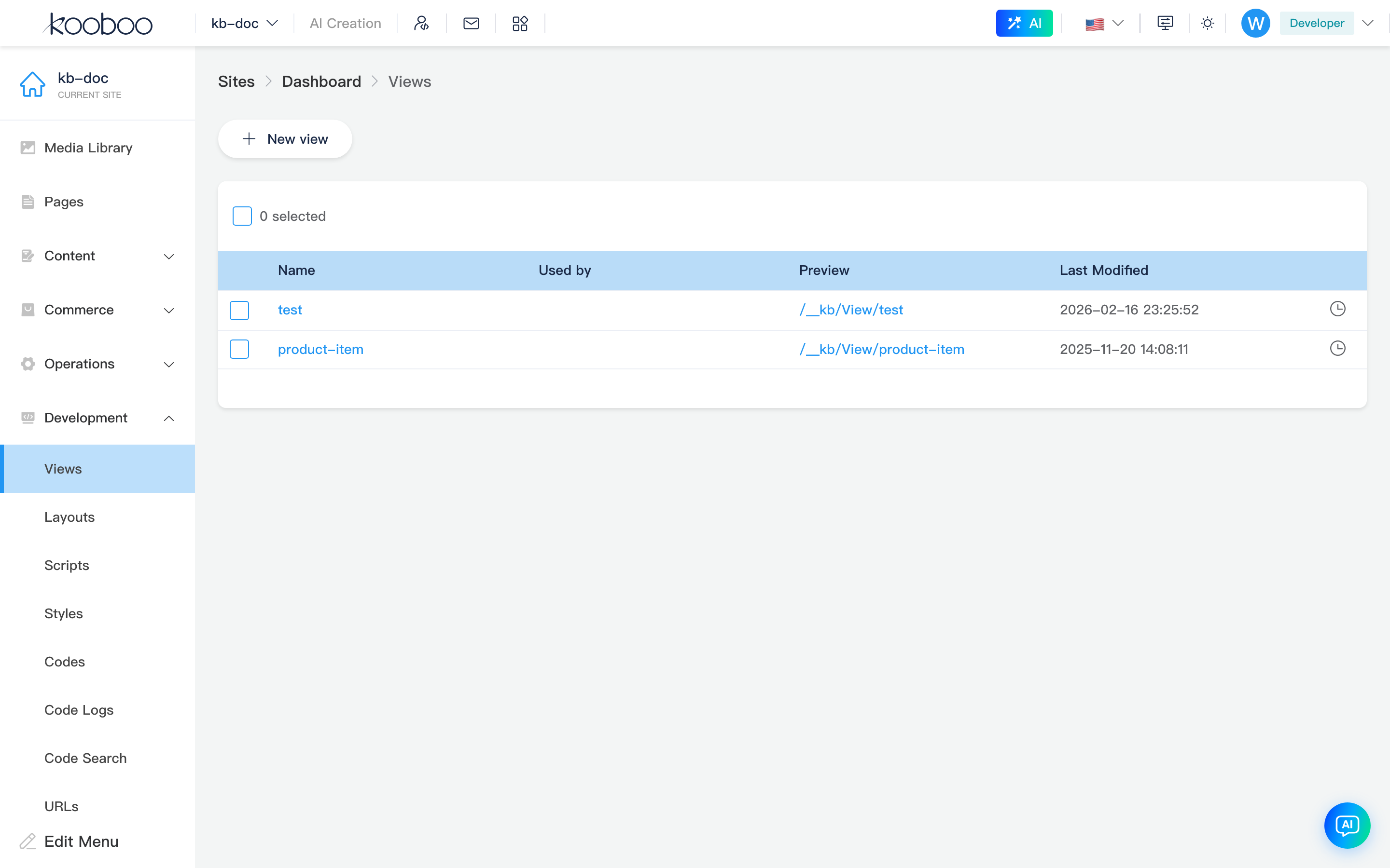 Views list overview