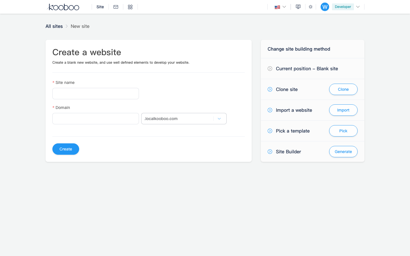 Create site screen