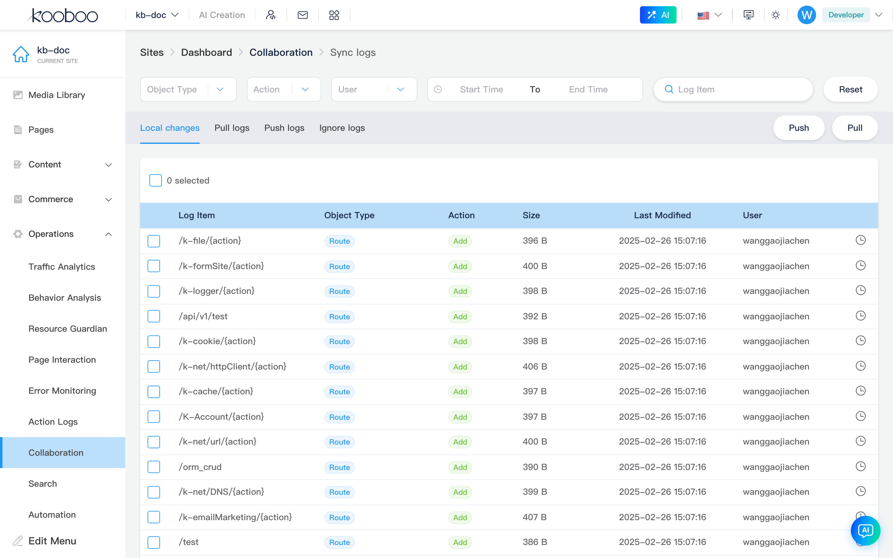 Sync log: filters, push/pull, and tabs